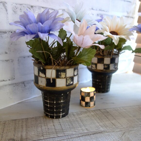 Rustic Checked Flower Pots and Checked Candle Bundle French Country Decor - Picture 7 of 9